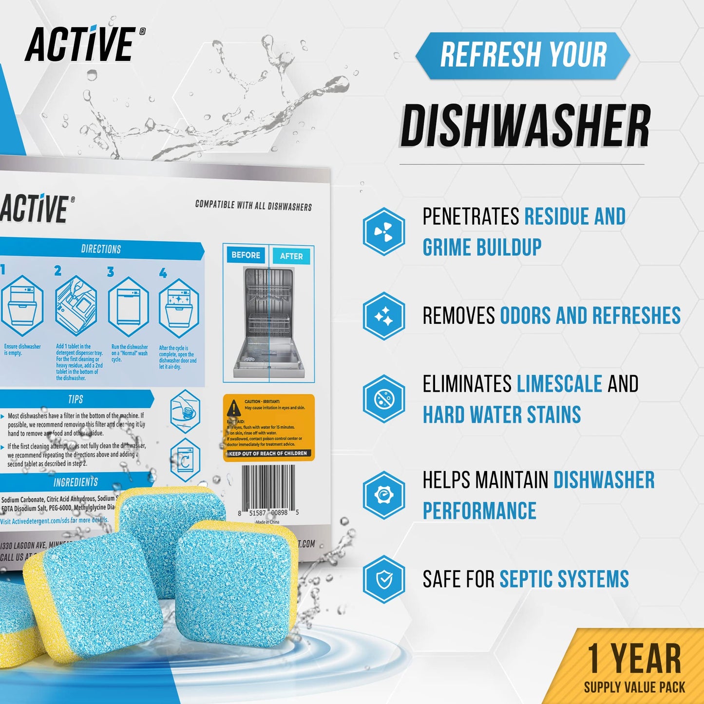 Washing Machine Cleaner Descaler 24 Pack - Deep Cleaning Tablets For HE Front Loader & Top Load Washer, Septic Safe Eco-Friendly Deodorizer, Clean Inside Drum and Laundry Tub Seal - 12 Month Supply